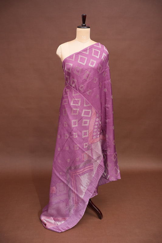 Tussar Banarasi Raw Silk Saree with Geometric Silver Weaving – Onion Pink