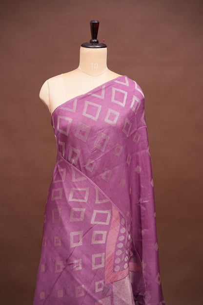 Tussar Banarasi Raw Silk Saree with Geometric Silver Weaving – Onion Pink