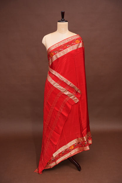 Crepe Silk Saree with Embroidered Border - Red