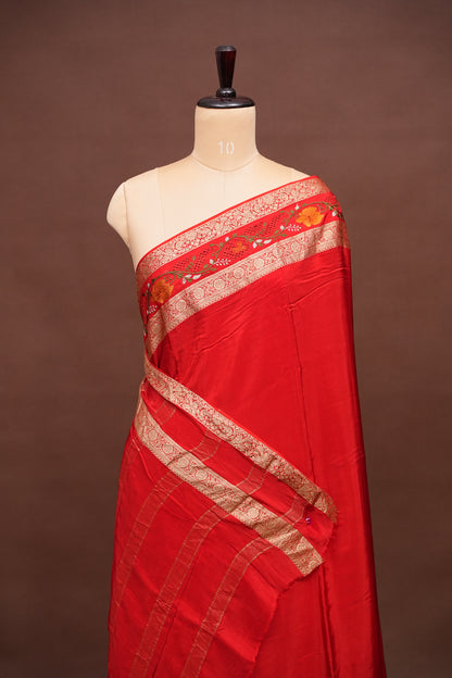 Crepe Silk Saree with Embroidered Border - Red