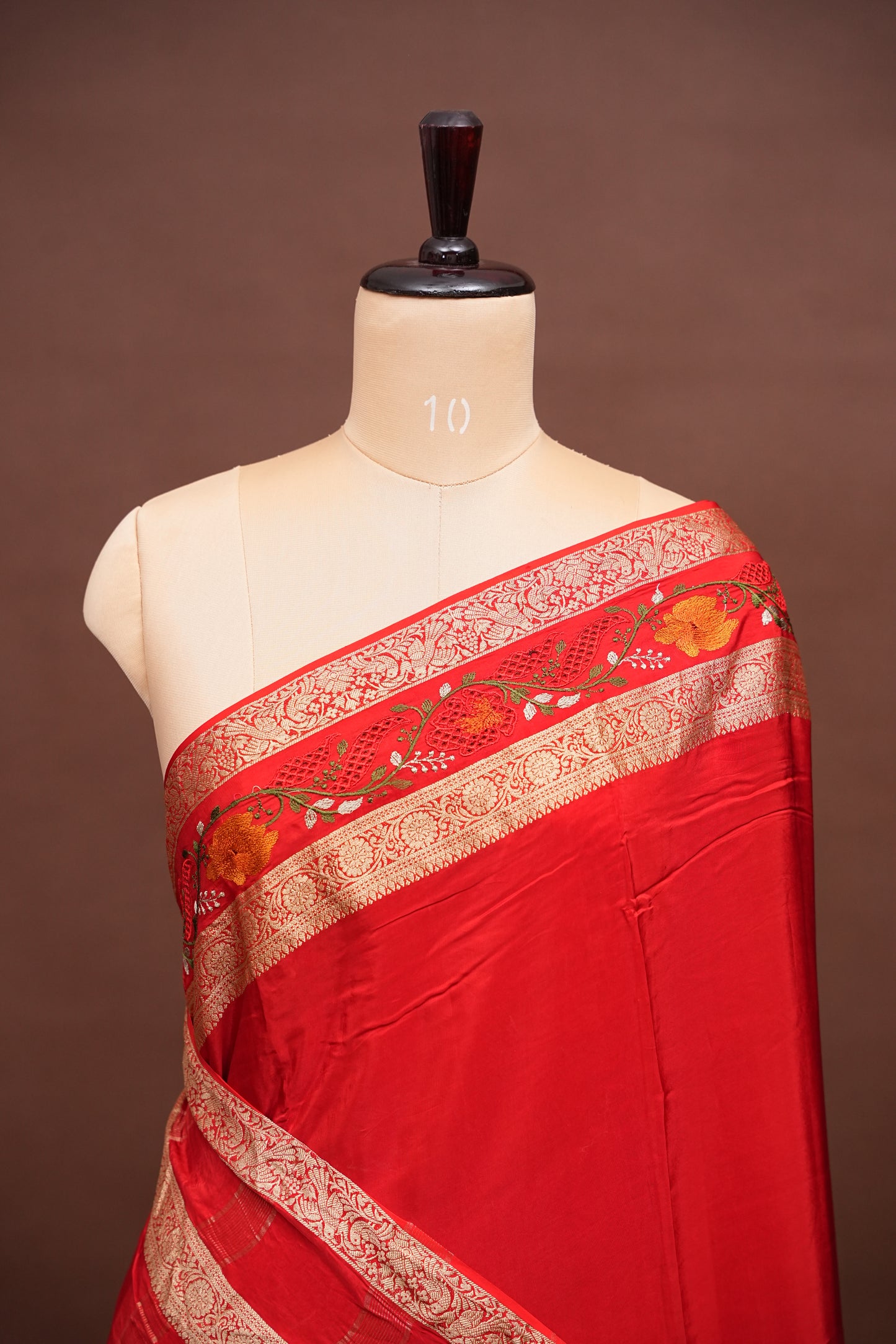 Crepe Silk Saree with Embroidered Border - Red