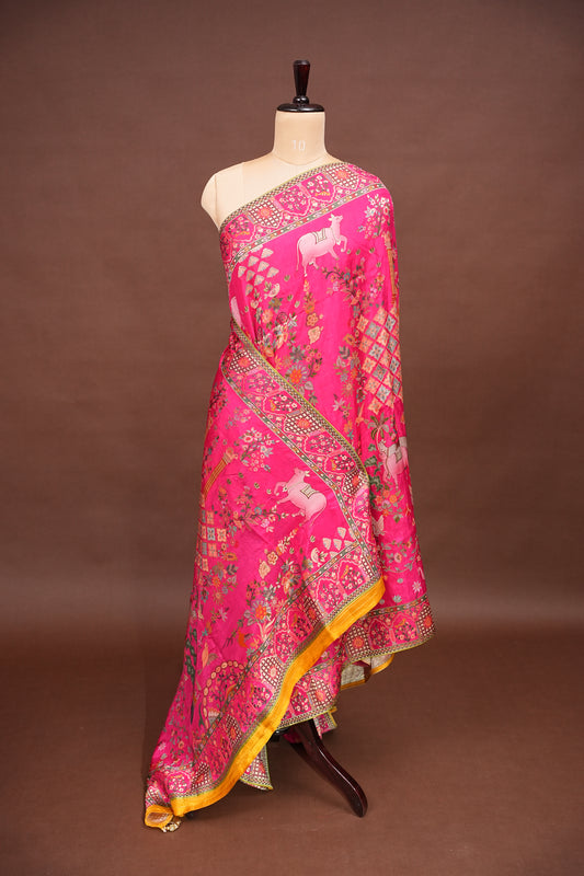 Kashmiri Pashmina Story Telling Saree - Hot Pink