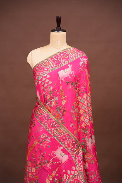 Kashmiri Pashmina Story Telling Saree - Hot Pink