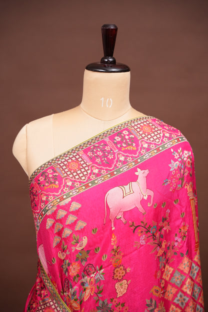 Kashmiri Pashmina Story Telling Saree - Hot Pink