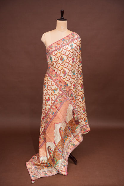 Kashmiri Pashmina Story Telling Saree - Ivory