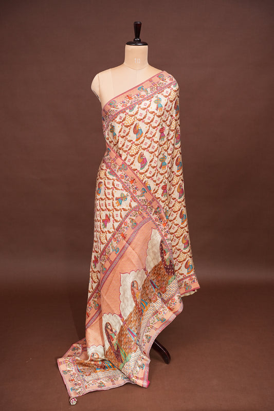 Kashmiri Pashmina Story Telling Saree - Ivory