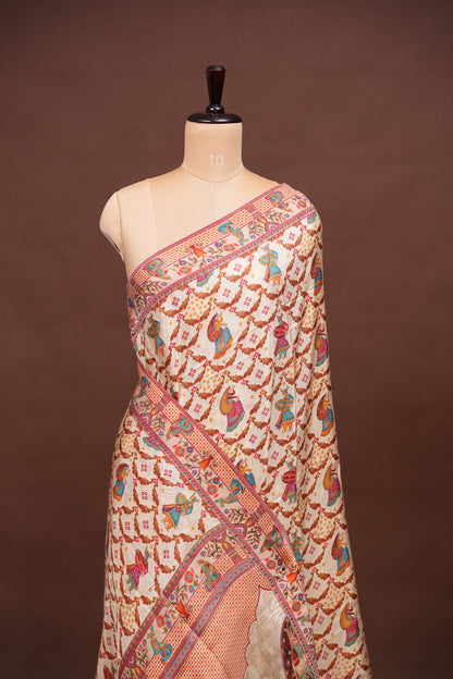 Kashmiri Pashmina Story Telling Saree - Ivory