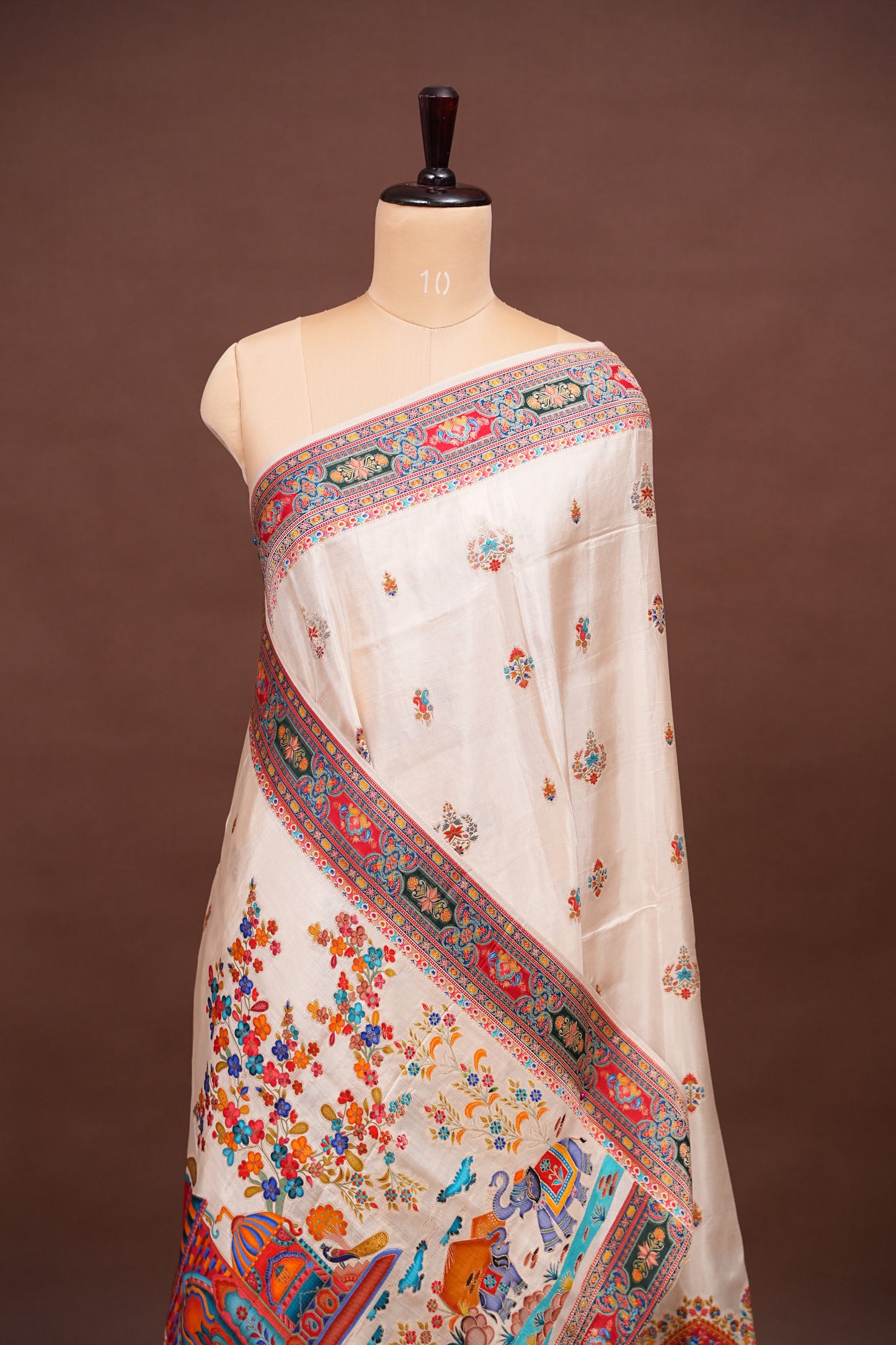 Kashmiri Pashmina Story Telling Saree - Ivory