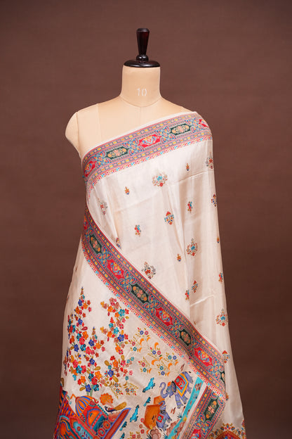 Kashmiri Pashmina Story Telling Saree - Ivory