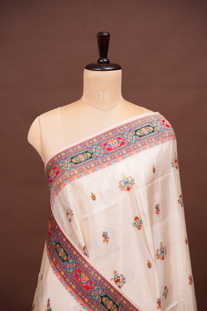 Kashmiri Pashmina Story Telling Saree - Ivory