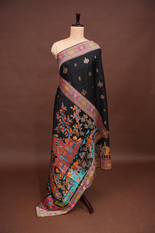Kashmiri Pashmina Story Telling Saree - Black