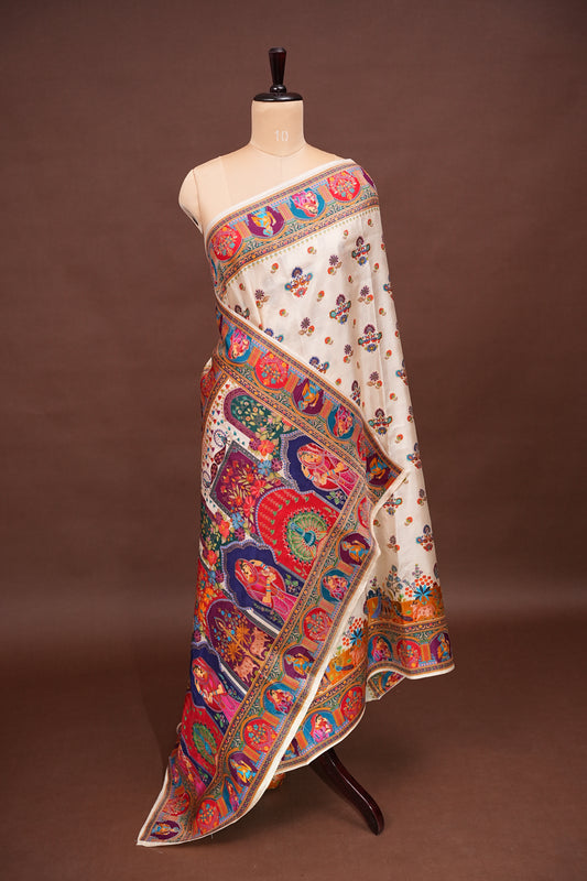 Kashmiri Pashmina Story Telling Saree - Ivory Shade