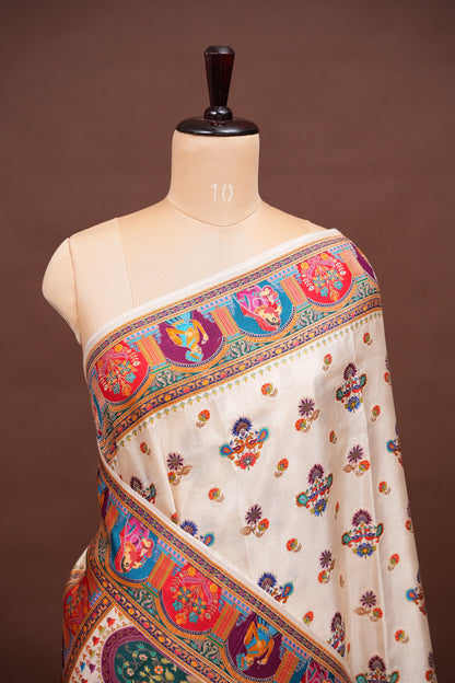 Kashmiri Pashmina Story Telling Saree - Ivory Shade