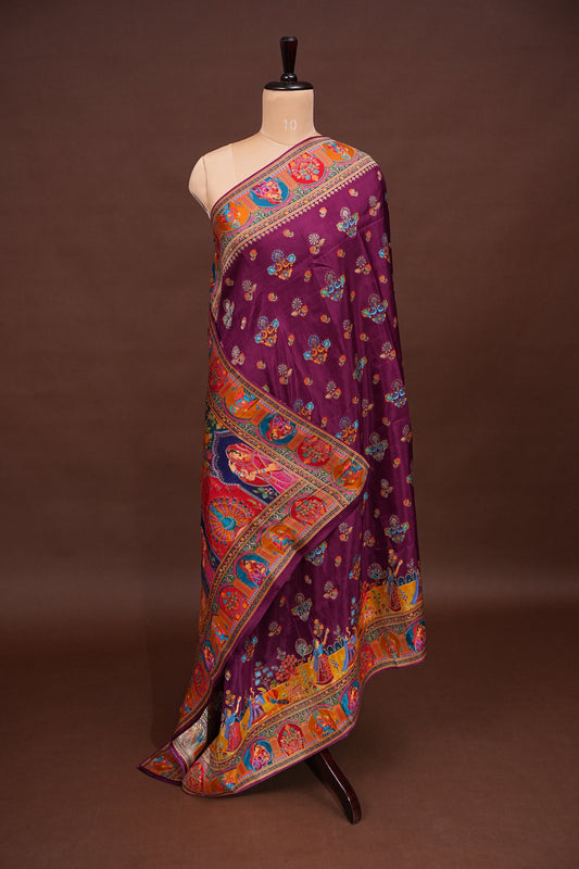 Kashmiri Pashmina Story Telling Saree - Wine