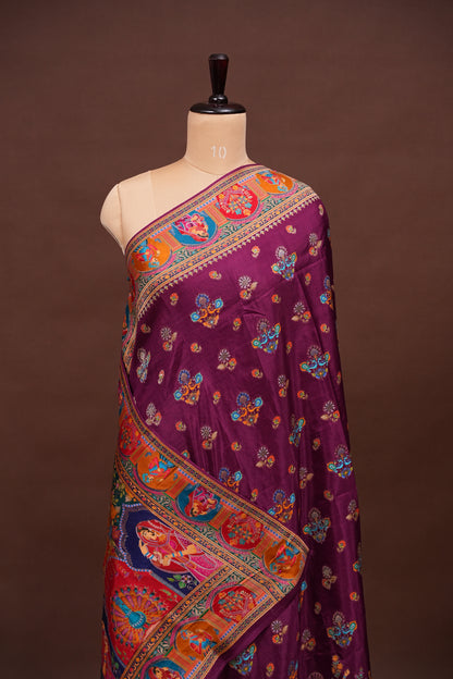 Kashmiri Pashmina Story Telling Saree - Wine