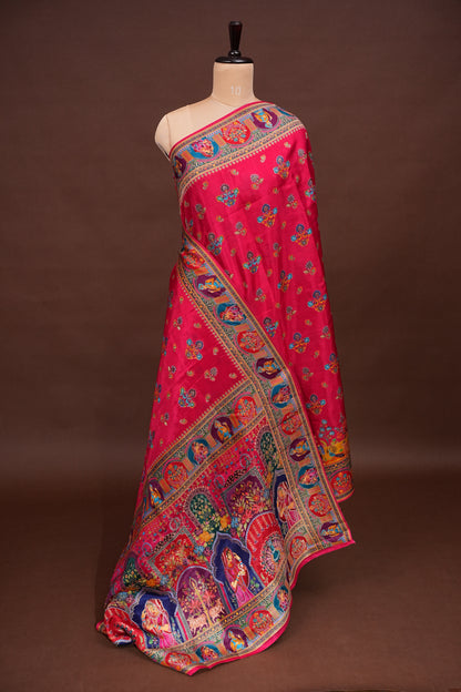 Kashmiri Pashmina Story Telling Saree - Pink