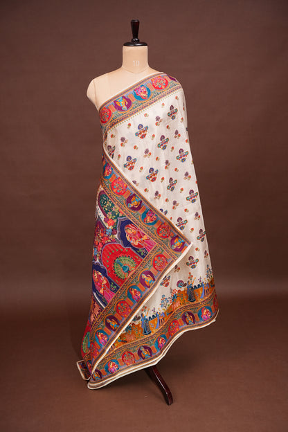 Kashmiri Pashmina Story Telling Saree - Ivory