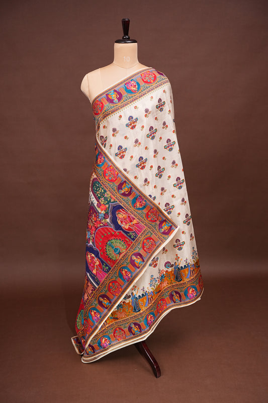 Kashmiri Pashmina Story Telling Saree - Ivory