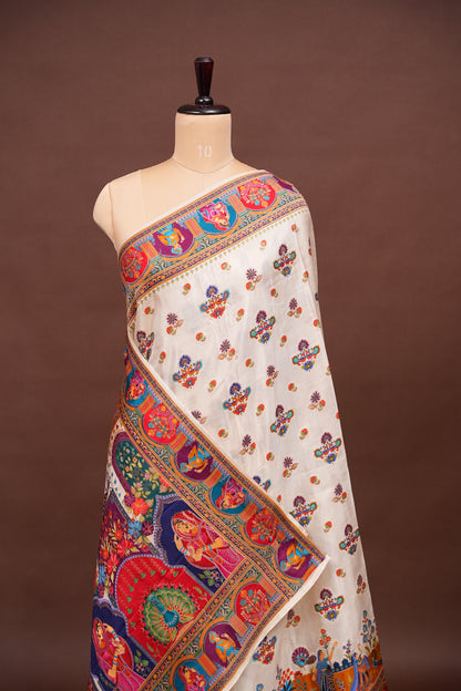 Kashmiri Pashmina Story Telling Saree - Ivory