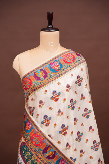 Kashmiri Pashmina Story Telling Saree - Ivory