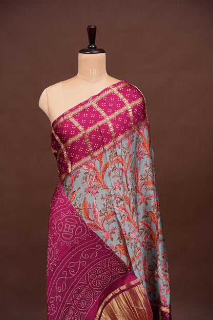 Bandhini Garchola Modal Silk Saree - Blue & Pink