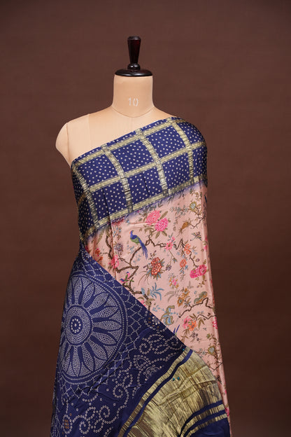 Bandhini Garchola Modal Silk Saree - Peach & Blue