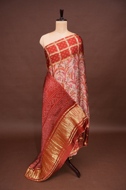 Bandhini Garchola Modal Silk Saree - Peach & Rust