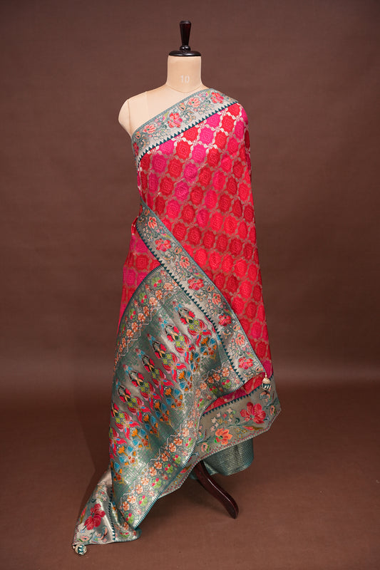 Kashmiri Pashmina Story Telling Saree - Pink