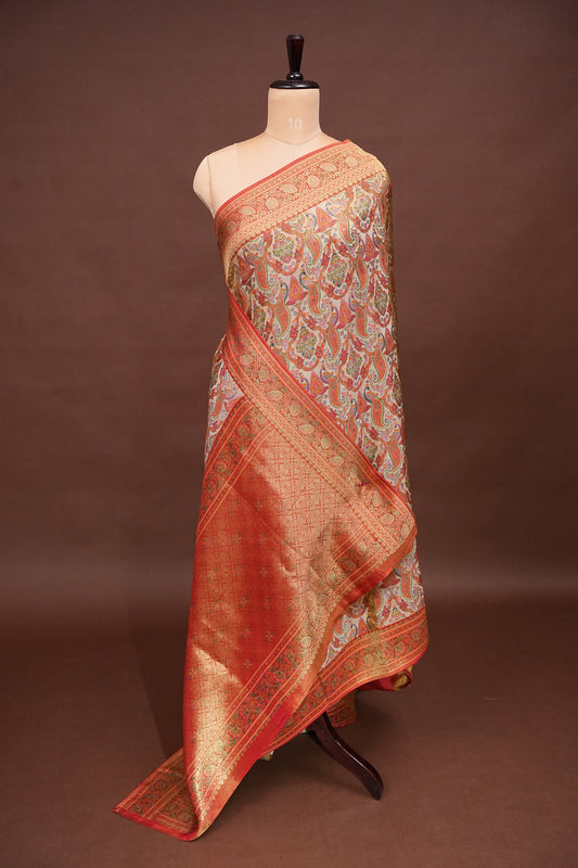Kashmiri Pashmina Mellow Tissue Saree - Ivory & Peach