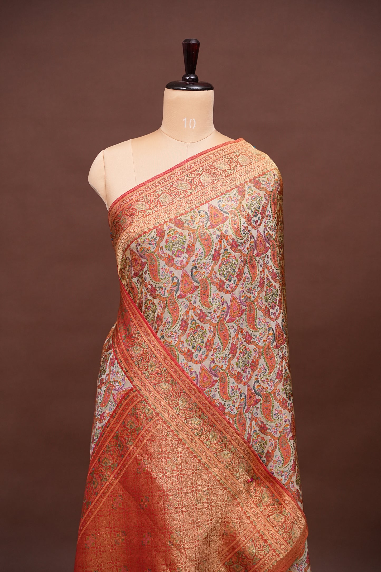 Kashmiri Pashmina Mellow Tissue Saree - Ivory & Peach