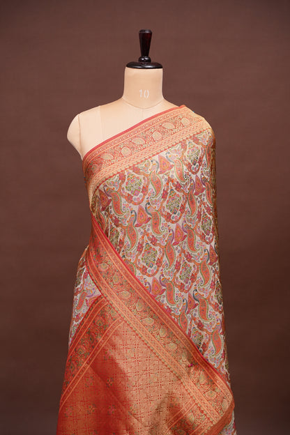 Kashmiri Pashmina Mellow Tissue Saree - Ivory & Peach