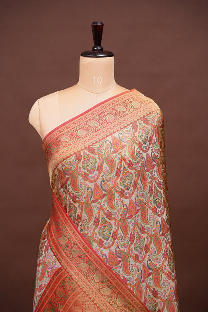 Kashmiri Pashmina Mellow Tissue Saree - Ivory & Peach