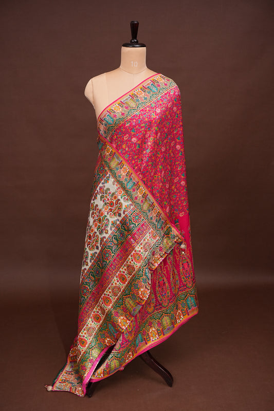 Kashmiri Pashmina Story Telling Saree - Pink