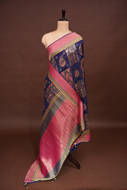 Kashmiri Pashmina Story Telling Saree - Navy Blue & Pink
