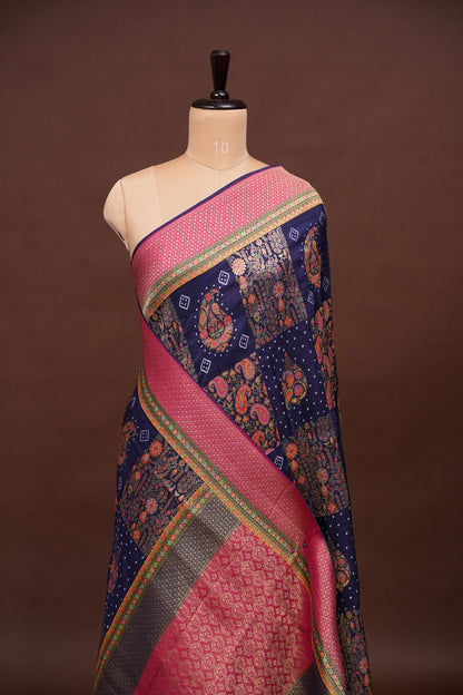 Kashmiri Pashmina Story Telling Saree - Navy Blue & Pink