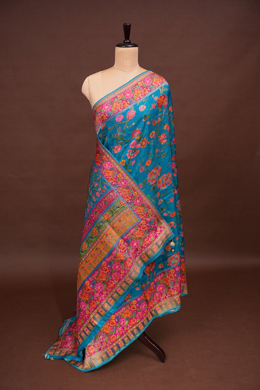 Kashmiri Pashmina Story Telling Saree - Blue & Pink