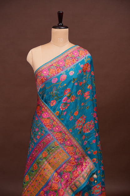 Kashmiri Pashmina Story Telling Saree - Blue & Pink