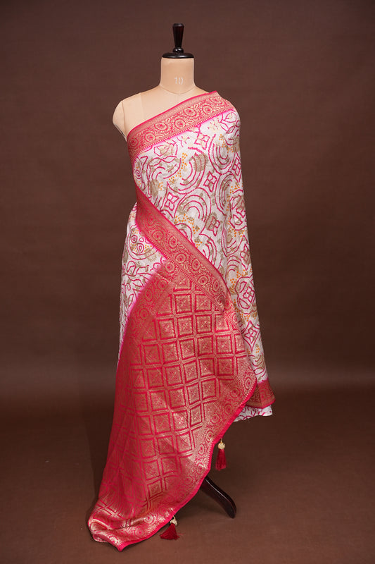 Kashmiri Pashmina Story Telling Saree - White & Pink
