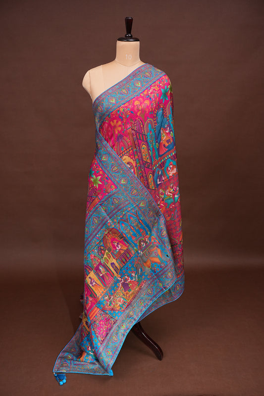 Kashmiri Pashmina Story Telling Saree - Pink & Blue