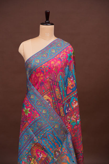 Kashmiri Pashmina Story Telling Saree - Pink & Blue