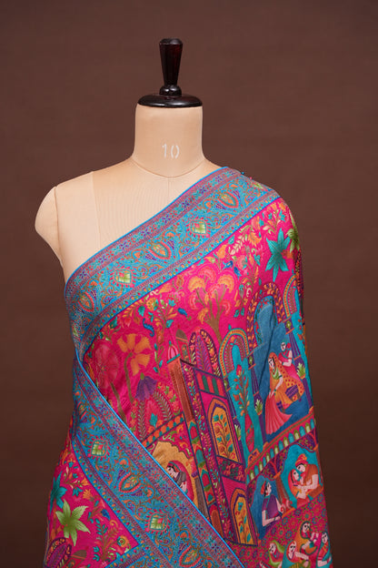 Kashmiri Pashmina Story Telling Saree - Pink & Blue