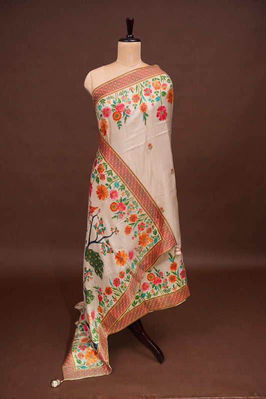Kashmiri Pashmina Story Telling Saree - Ivory