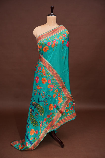 Kashmiri Pashmina Story Telling Saree - Turquoise