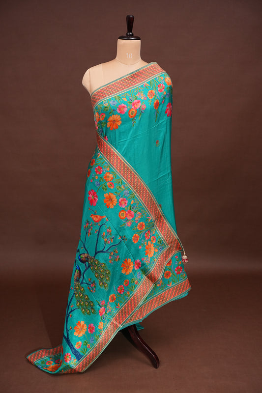 Kashmiri Pashmina Story Telling Saree - Turquoise