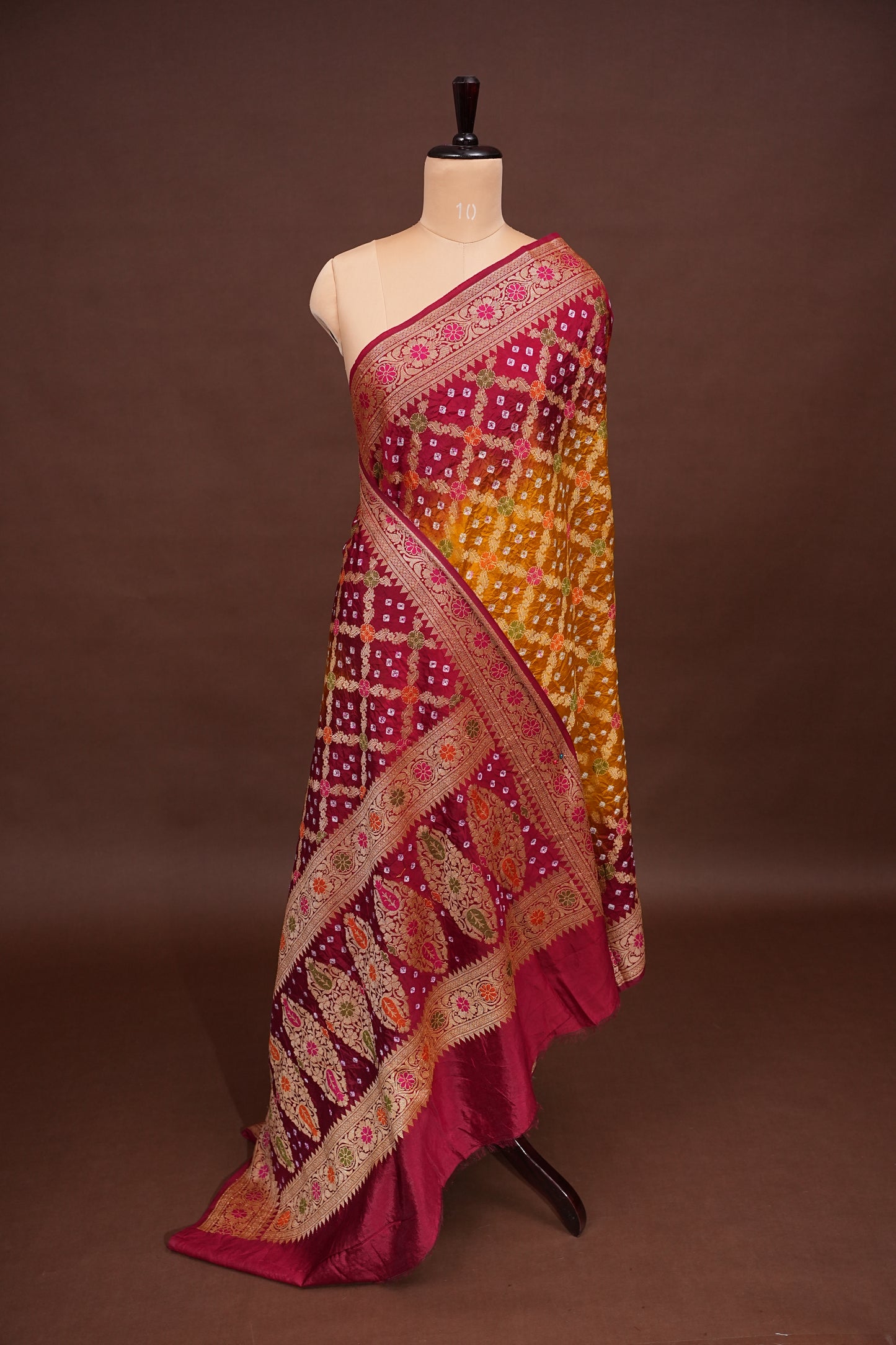 Crushed Munga Pure Bandhini Saree in Mustard & Maroon