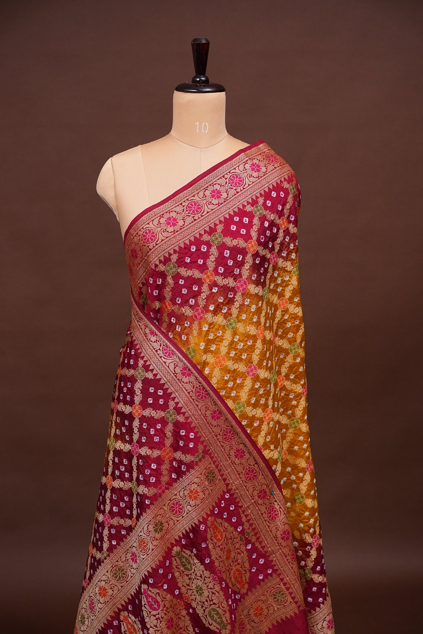 Crushed Munga Pure Bandhini Saree in Mustard & Maroon