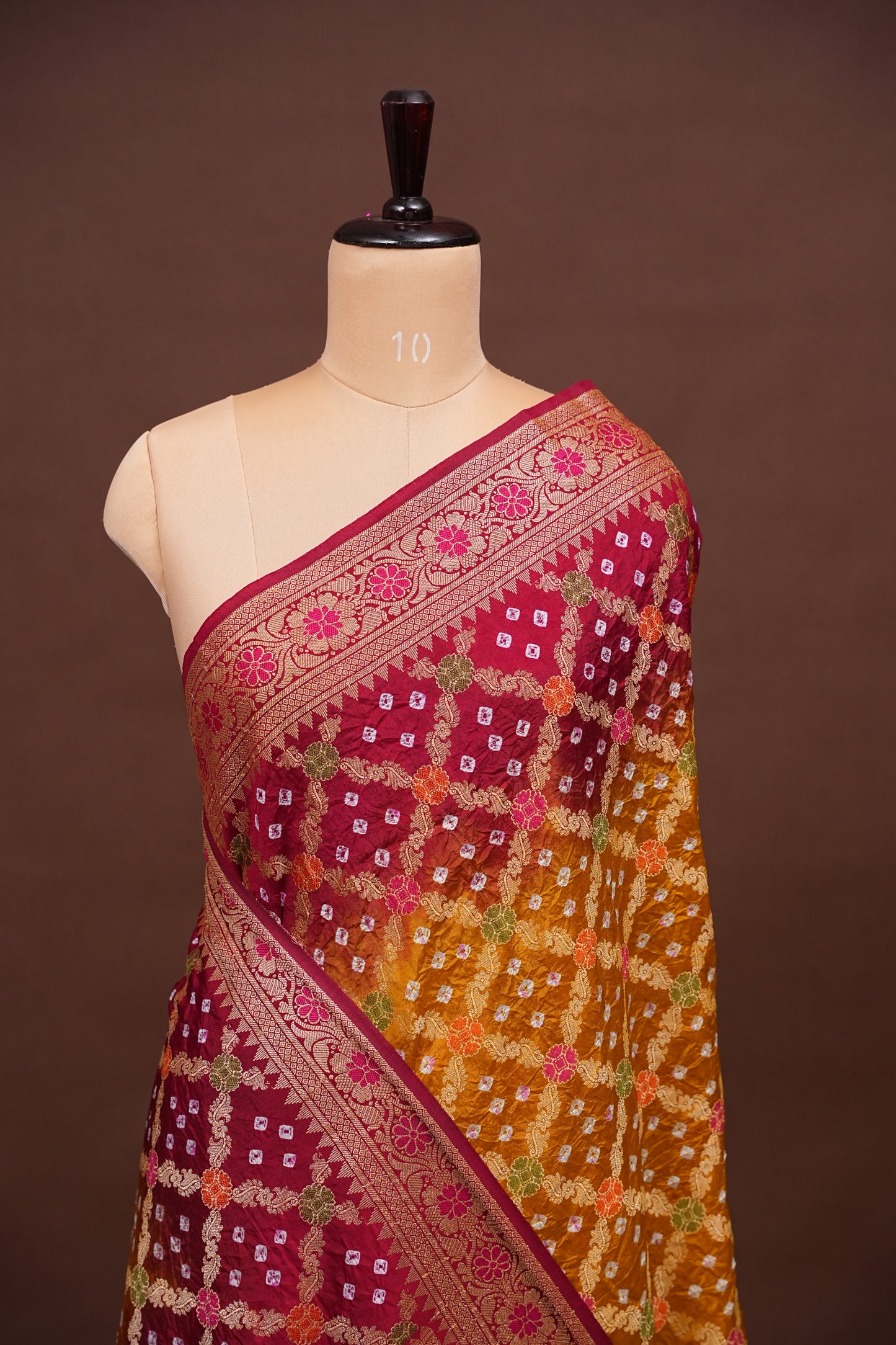 Crushed Munga Pure Bandhini Saree in Mustard & Maroon