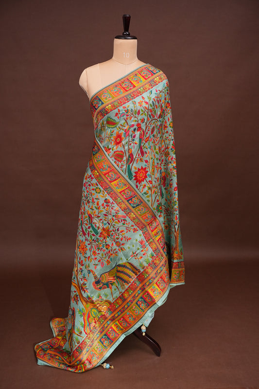 Kashmiri Pashmina Story Telling Saree - Baby Green