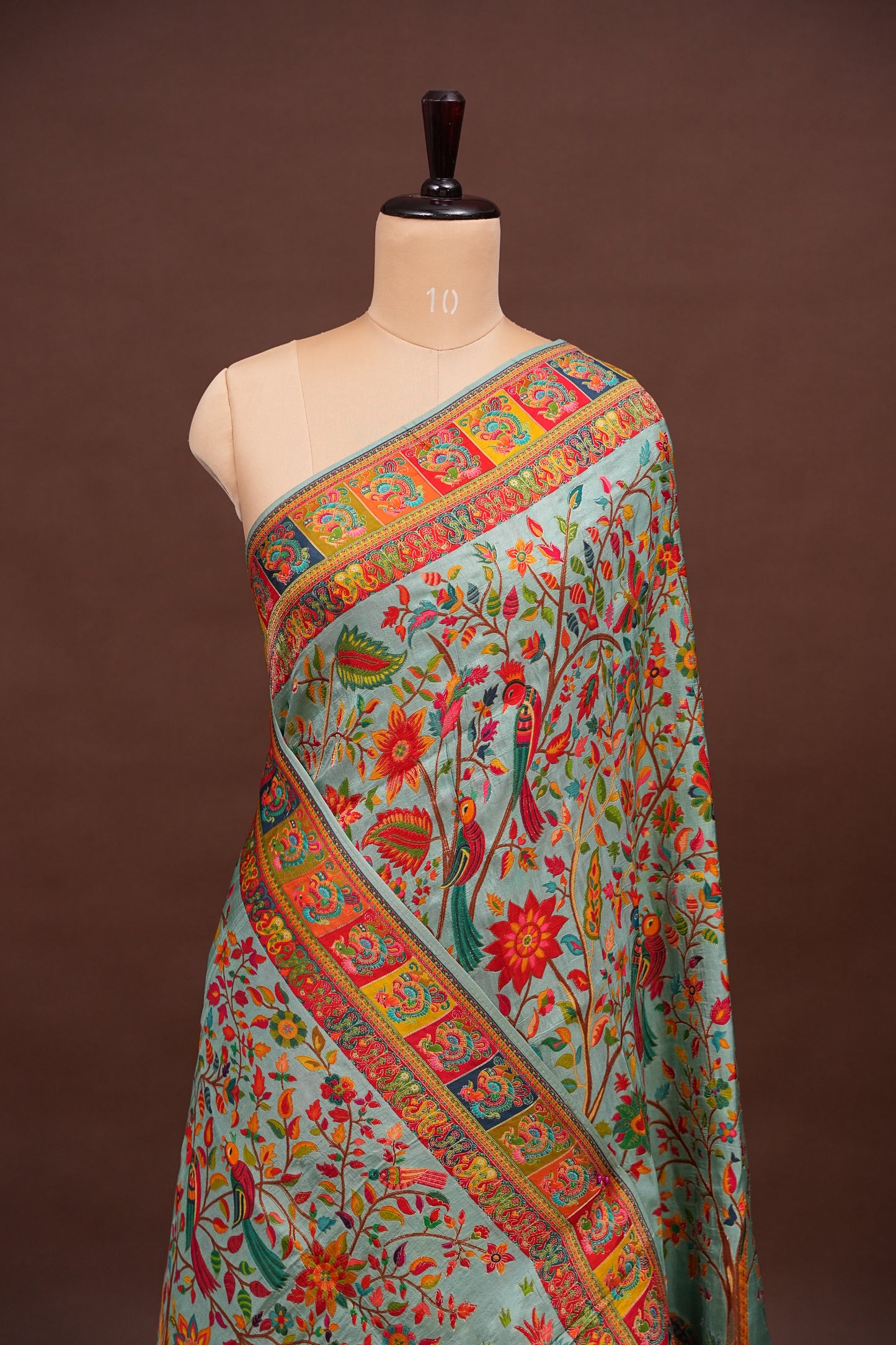 Kashmiri Pashmina Story Telling Saree - Baby Green