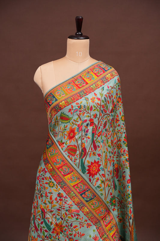 Kashmiri Pashmina Story Telling Saree - Baby Green